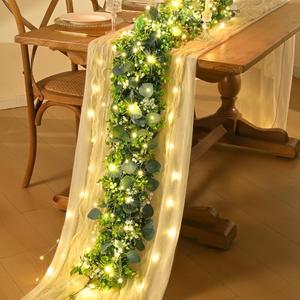 1Pcs Eucalyptus Garland with Lights, Greenery Garland, Green Garland with Flowers, 5.9FT Artificial Faux Eucalyptus Leaves Vines for Table Mantle Home Wedding Party Indoor Outdoor Decor