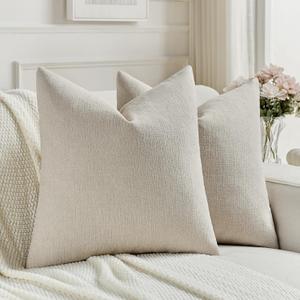 FUTEI Beige Chenille Decorative Throw Pillow Covers 18x18 Inch Set of 2,Soft Cozy Faux Linen Textured Cushion Case,Farmhouse Home Decor for Couch Living Room