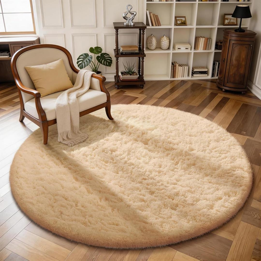 Ophanie Round Rug 4Ft Beige Circle Area Rug, Fluffy Fuzzy Small Bedroom Carpet, Plush Soft Shaggy Floor Living Room Circular Christmas Decor for Kids Boys Girls Home Aesthetic, Nursery, Classroom