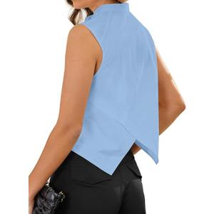 Remidoo Women Sleeveless Button Down Shirt Overlap Back Crop Tank Tops Office Work Blouse Blue, Large
