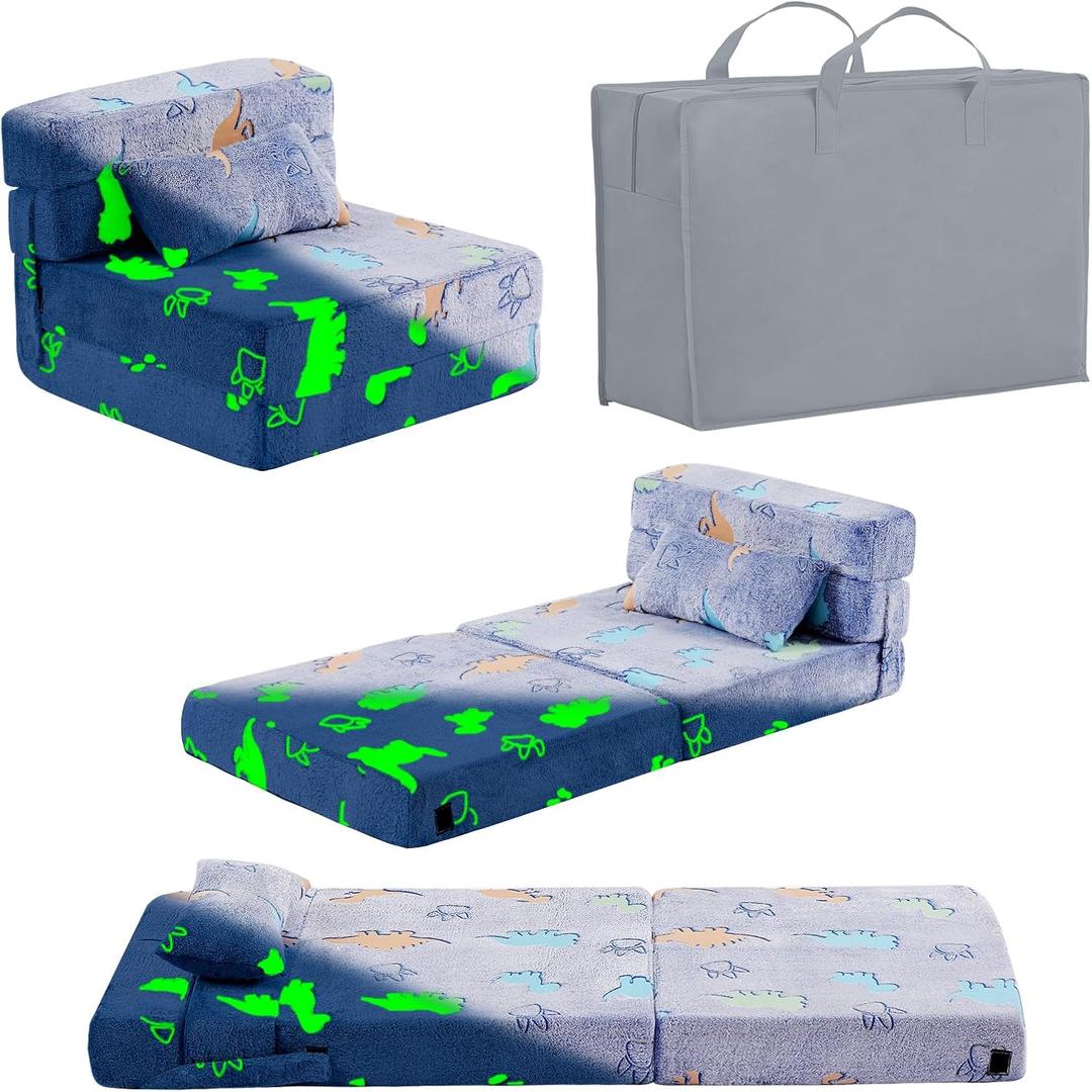 Folding Sofa Bed Floor Mattress for Kids with Pillow - Toddler Glow Washable Nap Mat for Sleeping, Child Fold Up Futon Chair Bed with Storage Bag for Girls Boys (Blue Dinosaur)