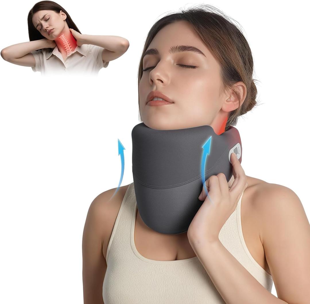 Cervical Traction Device for Neck Pain Relief, Neck Stretcher with Stepless Height Adjustment and Heating, for Him/Her/Men/Women/Dad/Mom (Dark Gray)