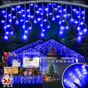 Christmas Lights Outdoor, 49FT 450 LED Ice Lights for Outside, Ice String Lights with 8 Modes, Waterproof Timer Memory Hanging Light for Eaves Party Yard Garden(Blue)