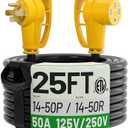 POWGRN NEMA 14-50P to NEMA 14-50R 25FT 50 Amp RV/EV Extension Cord Outdoor with Grip Handle, Flexible 4 Prong Heavy Duty RV Power Cord Waterproof, 50A 125/250V 6250/12500W STW, ETL Listed