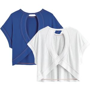 RoseSeek Women's 2 Packs Open Back Tops Crewneck Short Sleeve Backless Tee | Cut Out, Criss Cross, Summer Casual T Shirt (XXS) 