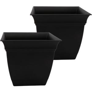 The HC Companies 12 Inch Eclipse Square Planter Pots with Drainage Holes & Attached Saucer, Lightweight UV-Resistant Plastic Indoor Outdoor Planters, 2-Pack Flower Pots for Garden & Home Decor, Black