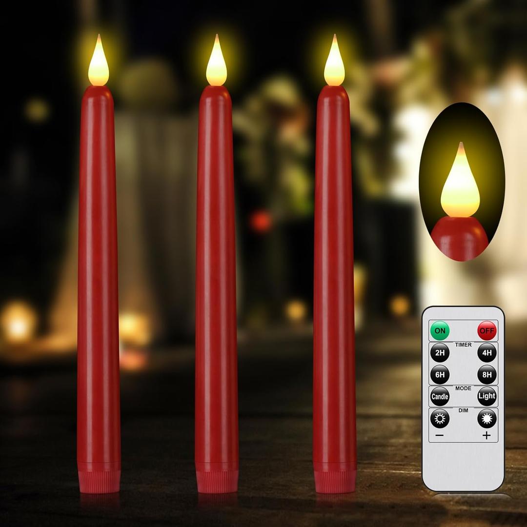 Flameless Taper Candle with Remote Control, 3pack Plastic LED Candles, Flickering Candles Battery Operated,9.2''Classic Tall Candle for Wedding, Party,Christmas,Home Decor Red