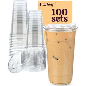 100 Pack 32 oz Clear Plastic Cups with Lids, Disposable Plastic Iced Coffee Cups with Strawless Sip-Lids, To Go Coffee Cup for Smoothie, Milkshake, Cold Drinks