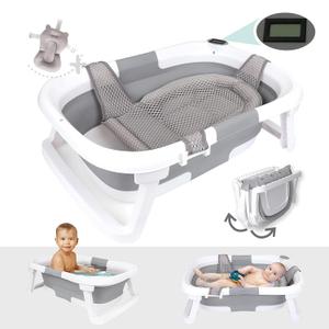 BEBELEH Collapsible Baby Bathtub with Thermometer Bathtub + Baby tub Sling + Newborn Sling Baby Bathtub Newborn to Toddler 0-24 Months The Ultimate Baby Bath Tub! (with Thermometer, Gray)
