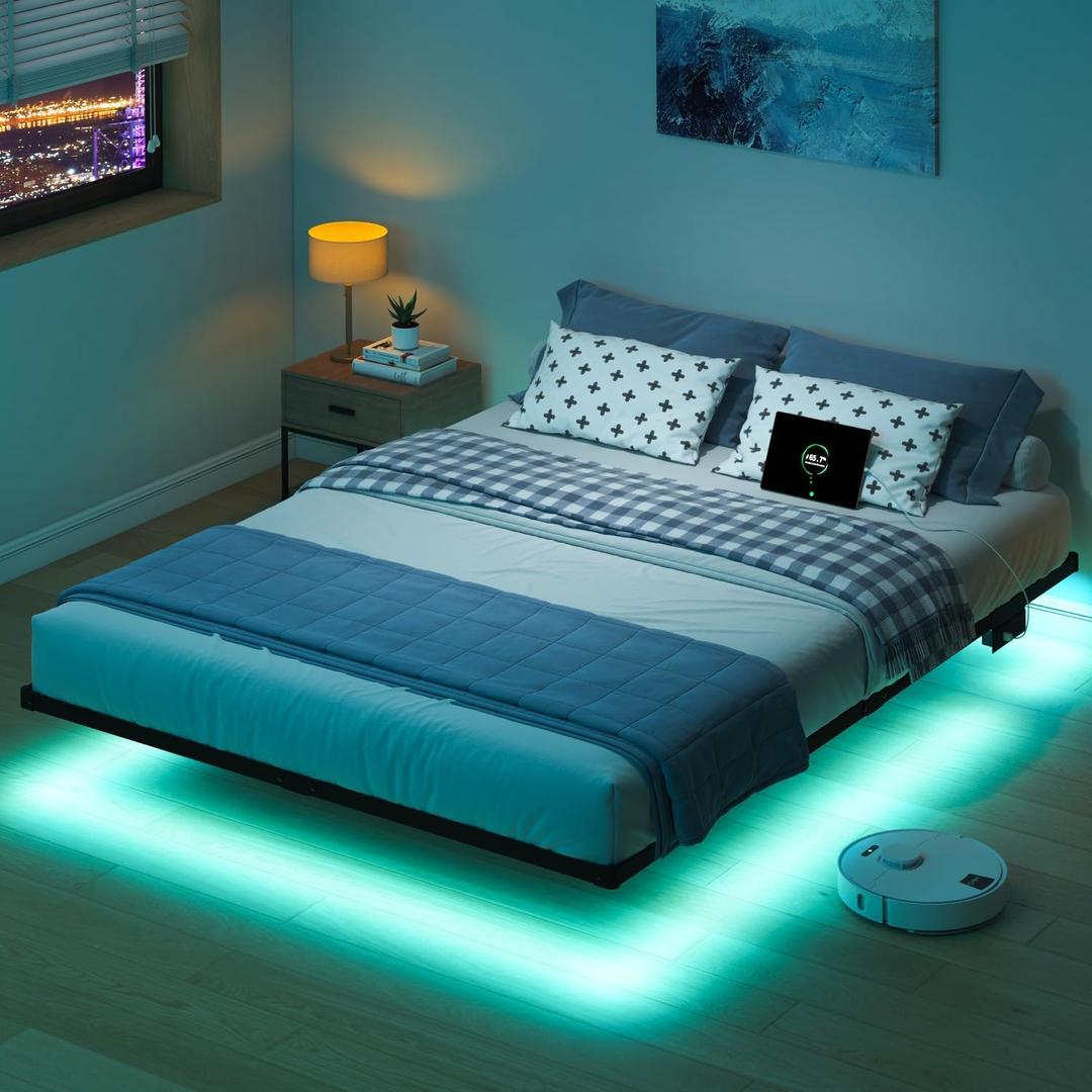  HAVONIZD Floating Bed Frame Full with LED Lights and Charging Station - 8 inch Platform Bed Frame No Box Spring Needed, Easy Assembly