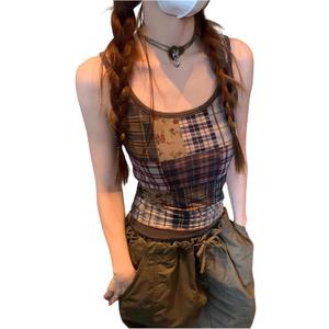 Women's Y2K Vintage Plaid Tank Tops Floral Patchwork Sleeveless Slim Fit Summer Top, XS