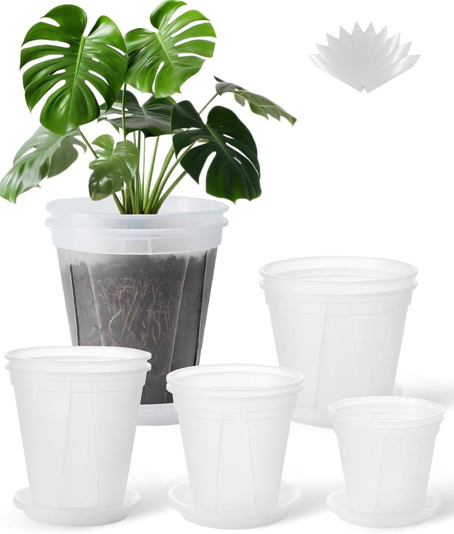 Large Clear Nursery pots for Plants with Saucers,10 pcs 9.5/8.3/7/6/5 inch Thick Plastic Nursery pots for Plants with Drainage Holes for Monstera,Aroid