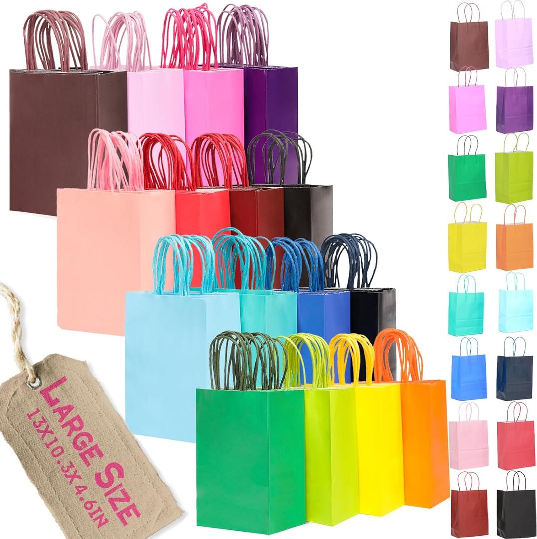 qiqee 100Pcs Paper Gift Bags with Handles 16 Different Senior Color Bags Multiple Uses13"x10.3"x4.6", Large Size