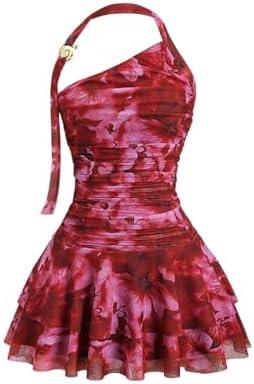 SOLY HUX Women's Floral Print Halter Flowy Mini Dress Backless Ruffle Beach Birthday Dresses Date Outfits L