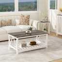 Farmhouse Coffee Table, White Oak Coffee Table for Living Room, 2-Tier Rectangular Wooden Centre Cocktail Table with Slats Shelf Storage and V-Shaped Frame Modern Coffee Oak Grey, 21.6Dx39.4"Wx17.8"H