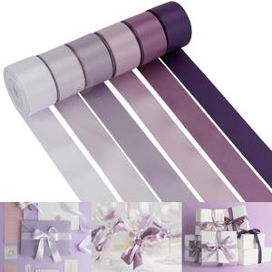 HUIHUANG Lilac Satin Ribbon - 1 inch Double Face Silk Assortment for Wedding, Bridal Shower Decor, Crafts, Hair Bows - 5 Rolls, Total 50 Yards