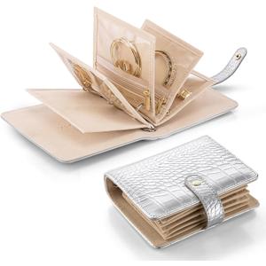 Vlando Travel Jewelry Organizer Case,Travel Gifts for Women,Portable Jewelry Storage Book Ring Binder with Clear Zipper Velvet Jewelry Pouch Bag-Silver