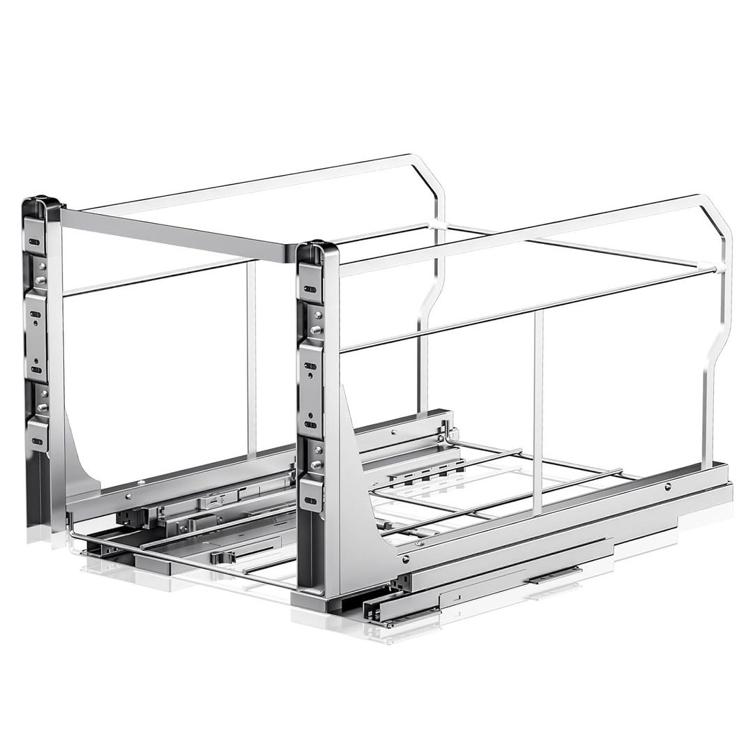 Insputer Double Pull Out Trash Can Under Cabinet with Push to Open Slides, Heavy Duty Under Sink Garbage Can Kit for Kitchen, Not Include Bin, Require 18" W X 24" D Cabinet, has Installation Video (Silver)