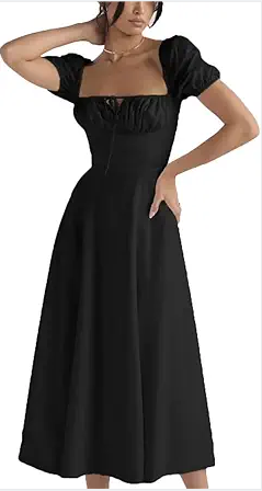 Women Short Sleeve Long Dresses Square Collar Floral Print Boho Beach Sundress Holiday Split Dress (Black, Medium)