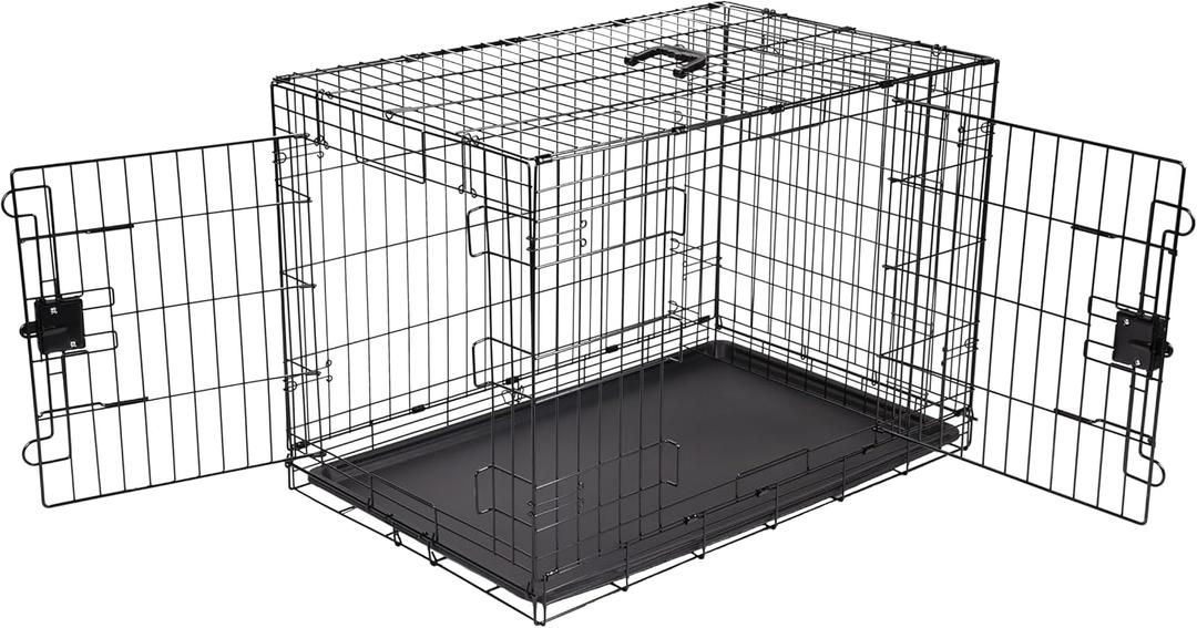 Amazon Basics Portable, Easy to Assemble, Foldable Metal Wire Dog Crate with Removable Tray, Double Door, Divider Panel, Handle, 36" x 23" x 25", Black