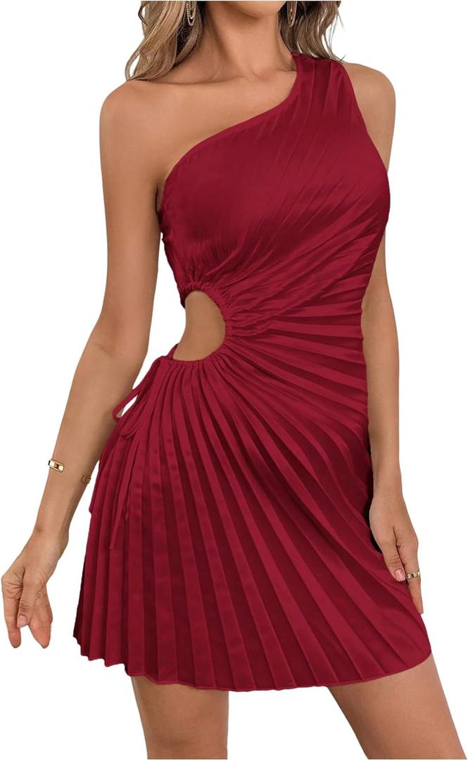 MakeMeChic Women's Summer Dress 2025 Tie Dye One Shoulder Mini Dress Pleated Cut Out Wedding Guest Dresses (Burgundy, Small)