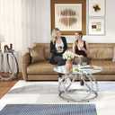 O&K FURNITURE Silver Coffee Table, Modern Glass Coffee Table Living Room Table with Ring-Shaped Frames, Glass Coffee Table for Home&Office, Chrome Finish, 1 PC, 31.9"D x 31.9"W x 17.7"H
