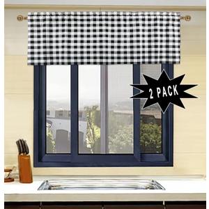 Buffalo Black and White Check Kitchen Window Valance 2 Pack Half Short Gingham Plaid Farmhouse Textured Curtain 18x52 Inch Rod Pocket