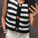 Locachy Women's Gold Button Down Striped Sweater Vests Crew Neck Sleeveless Knit Crop Tank Tops Black XL