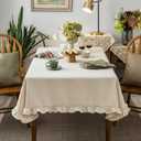 GLORY SEASON Waffle Weave Textured Rectangle/Oblong Tablecloth with Cotton Retro Ruffle Trim Solid Table Cover for Buffet Banquet Parties Event Holiday Kitchen Dining Farmhouse Decor Beige 55x84 in