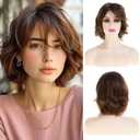 Short Brown Fluffy Wig with Bangs Curl Layered Messy Natural Layered Synthetic Hair Cosplay Costume Wig for Women