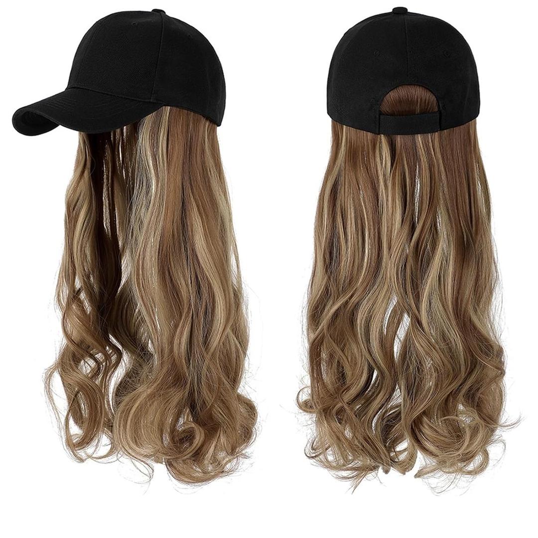 Wig Cap Long Wavy Synthetic Wig Baseball Cap with Hair extensions Hat Wigs Bone Natural Black Connect Wig Adjustable for women Hair Extension Cap(1)