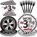 96Pcs Shifting into 3rd Year Birthday Decorations Disposable Race Car Themed 3rd Party Plates and Napkins Checkered Flag Tableware Set for Boys Racing Car 3 Years Old Birthday Party Supplies Serves 24