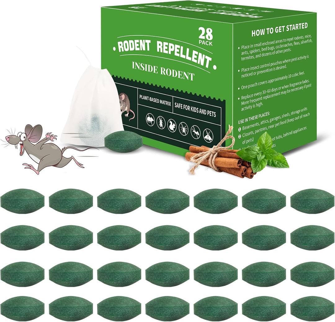 28 Pack Mouse Repellent Tablets - Natural Peppermint Oil, Rodent Repellent for Corners, Cars & Indoors/Outdoors, Safe for Family & Pets -Repels Mice, Squirrels & Spiders