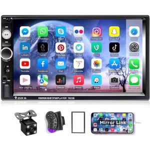 CAMECHO 7" Double Din Car Stereo Audio Bluetooth MP5 Player USB FM Multimedia Radio+ 4 LED Mini Backup Camera with Steering Wheel Remote Support Mobile Phone Synchronization (Used in Android/iOS)