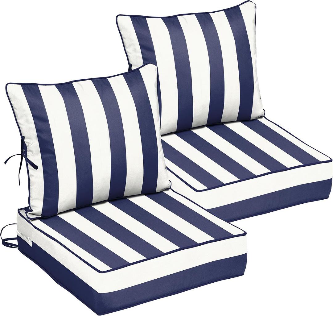 22x22 Outdoor Chair Cushions Set of 2, Waterproof Deep Seat Cushions for Patio Furniture with Removable Cover, Fade Resistant 4'' Outdoor Seat Cushion with Ties Handle for Sofa Couch, Blue Stripe, 22x22x4in-2Set