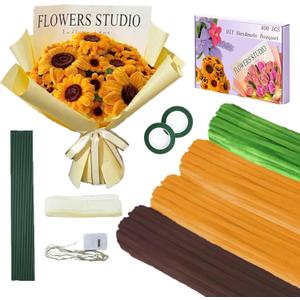LOLEDE Pipe Cleaners Craft Flowers Kit 400 Pcs, 400 Pcs 3 Colors 11.8inch Fuzzy Pipe Cleaners Bulk, Chenille Stems for DIY Flower Making Kit Crafts, Floral Stems & Tape & Ribbon (Yellow)