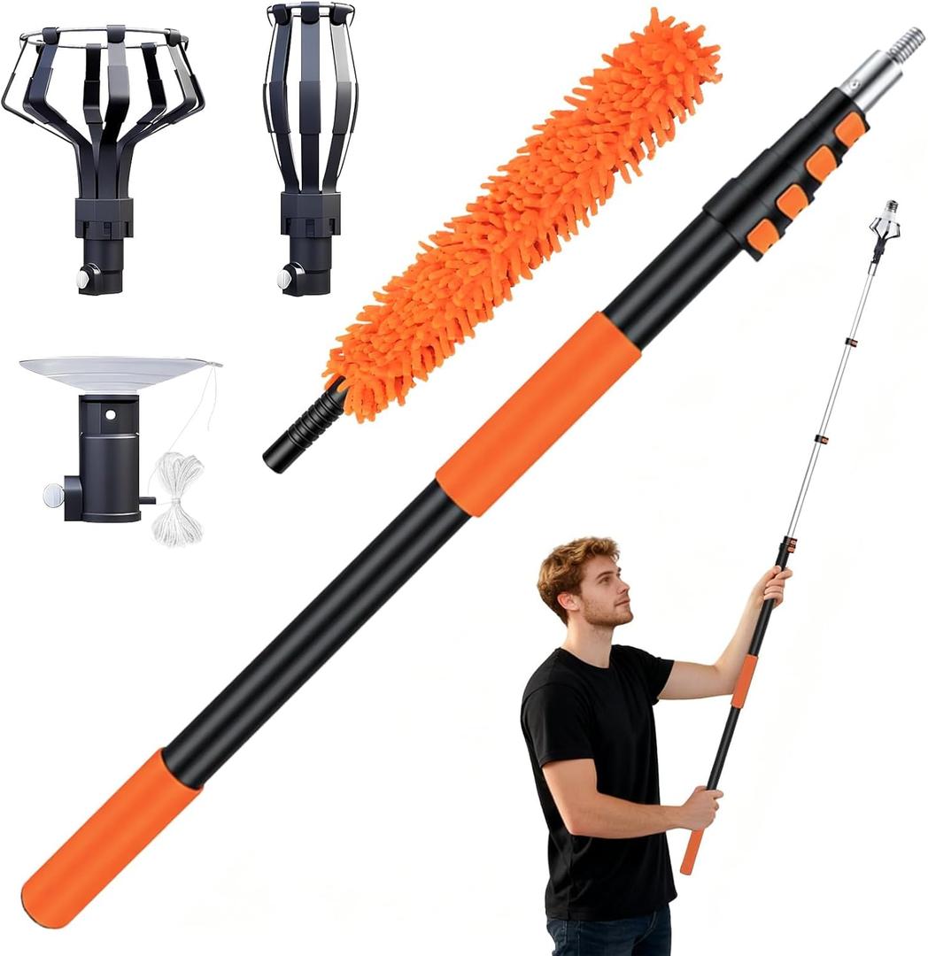 PMMJ Light Bulb Changer for High Ceilings with 26FT Reach, Telescopic Extension Pole for High Ceilings and Recessed Lights (5-20FT) with Baskets, Suction Cup and Duster