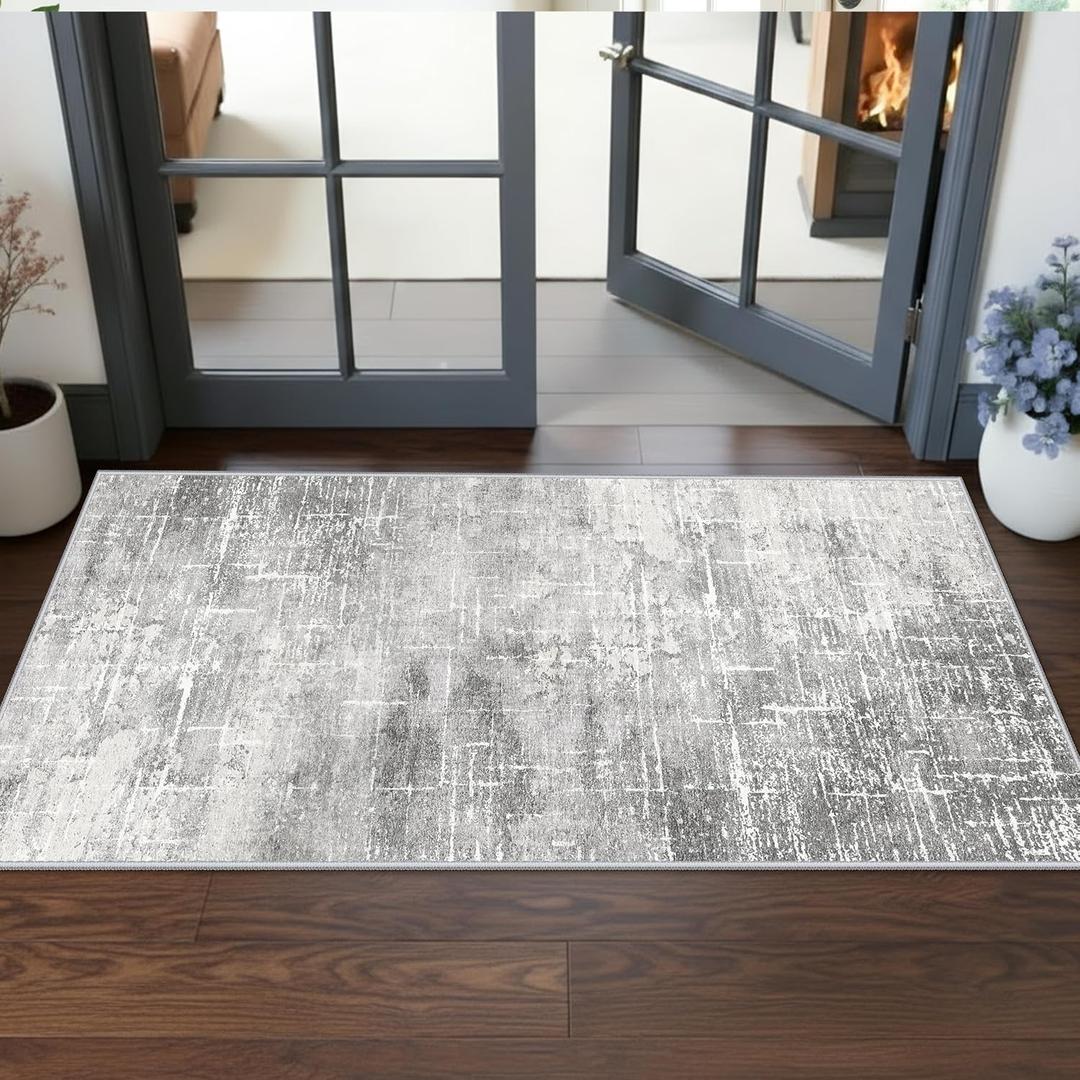 Washable 2x5 Hallway Runner Rug: Indoor Abstract Water Resistant Kitchen Entryway Rug Soft Living Room Bedroom Carpet Thin Low Pile Non Slip Floor Mat for Bathroom Laundry Room(2X5Light/Grey)