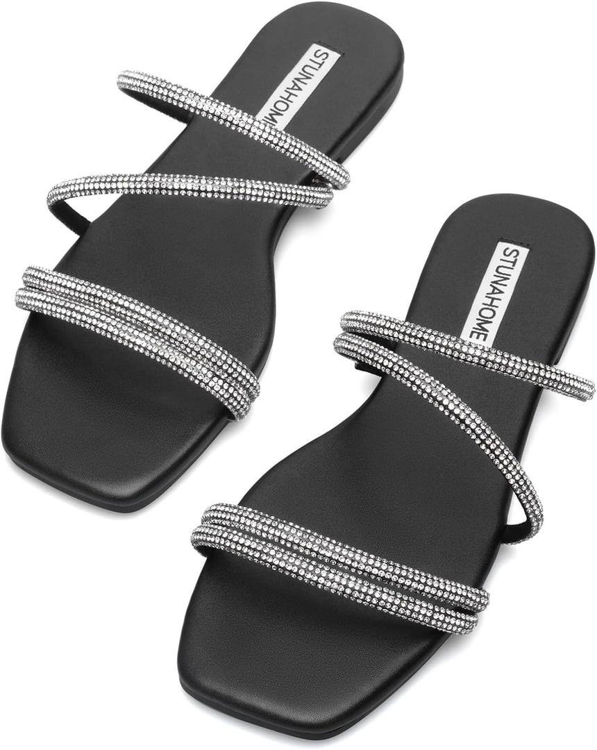STUNAHOME Women's Rhinestone Thong Flat Sandals Open Toe Slide Sandals with Square Toe Bling Strap (7, Black)