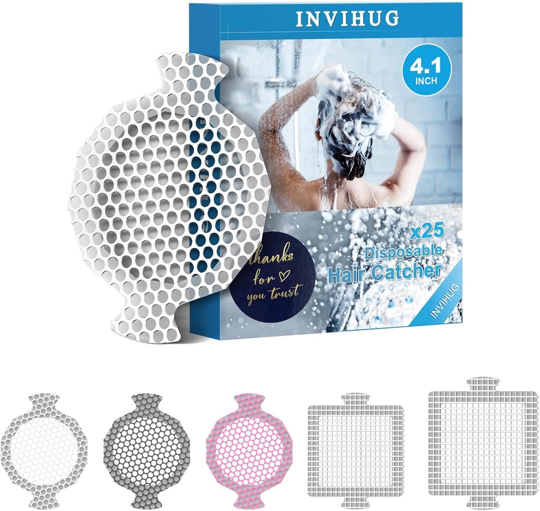 INVIHUG, 25 Pack, Disposable Shower Drain Hair Catcher Mesh Stickers, Disposable Hair Drain Catcher.(White,4.1inch), Hc2-4.1inRound-25