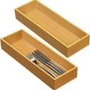Set of 2 Bamboo Drawer Organizer, Stackable Utensil Organizer for Kitchen, Bamboo Storage Box Wood Silverware Tray for Drawer (14.95" x 5.2" x 1.96")