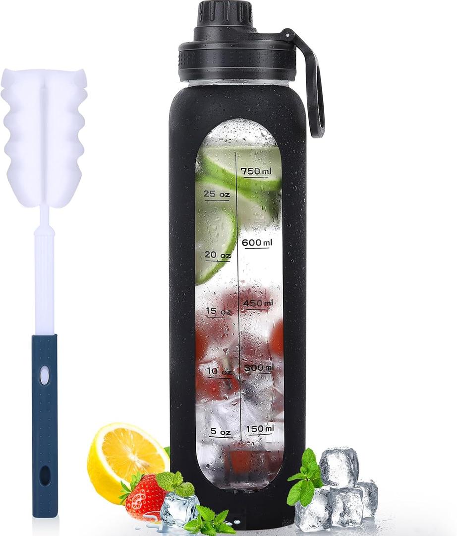 Glass Water Bottles 32oz with Silicone Sleeve Drinking Hydration Bottles Reusable Borosilicate Wide Mouth Motivational Water Flask Canteen with Time Marker Spout Lid and Brush