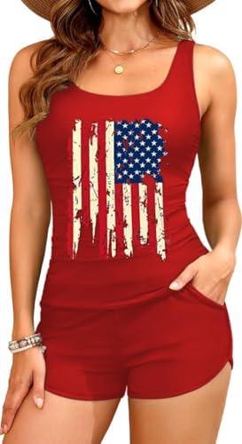 Women's American Flag Graphic Two-Piece Tankini Swimsuits 4th of July Tankini Tank Top Sets Swimwear with Two Side Pockets, Size: L