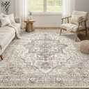 Area Rug 7x9 Washable Vintage - Soft Traditional Rugs for Living Room Large Non Slip Backing with Low Pile Farmhouse Oriental Retro Carpet for Bedroom Dining Room or Home Office - Light Brown