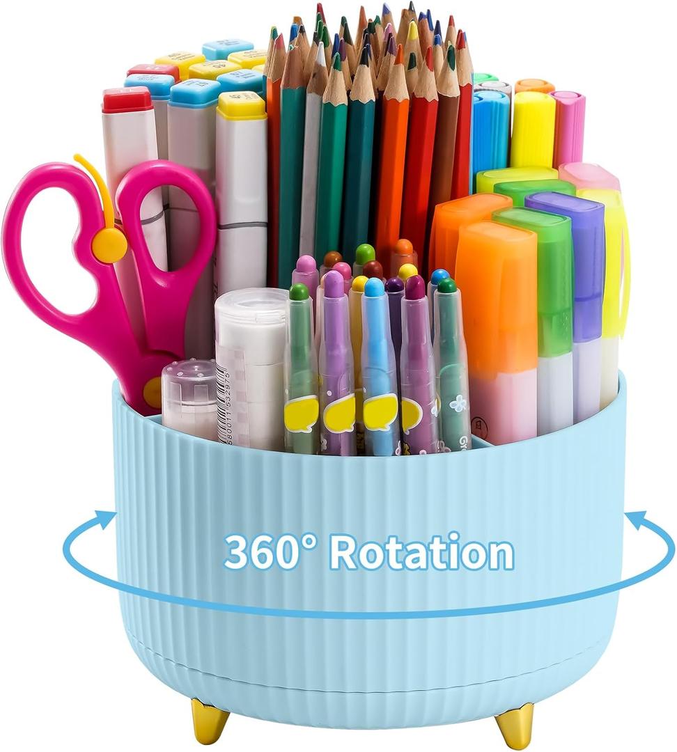 Marbrasse Desk Organizer, 360-Degree Rotating Pen Holder, Desk Organizers and Accessories with 5 Compartments Pencil Holder, Art Supply Storage Box Caddy for Office, HomeLight Blue