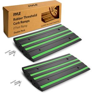 Pyle 2 Ft. Rubber Threshold Curb Ramp Set, Green Reflective Strip for Driveways, Non-Slip Marine Grade Rubber, Pack of 2 Heavy Duty Car Ramps for Trucks, RVs, Forklifts, 24.0’’x 16.0’’ x 2.6’’ Inches