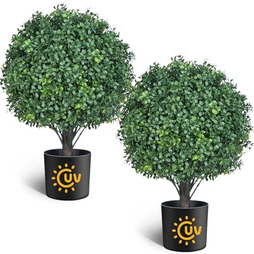21.6“ Artificial Topiary Ball Trees Set of 2, UV Protected Outdoor Faux Potted Plants with Cement Pot, Evergreen Shrubs Bushes for Front Door Porch Garden Backyard