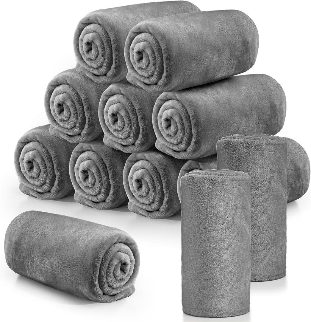12 Pcs Flannel Fleece Throw Blanket Bulk 50 x 60 Inch Soft Fleece Blanket Warm Throw Blanket Coral Blankets for Couch Sofa Home Wedding Gifts Season (Light Gray)