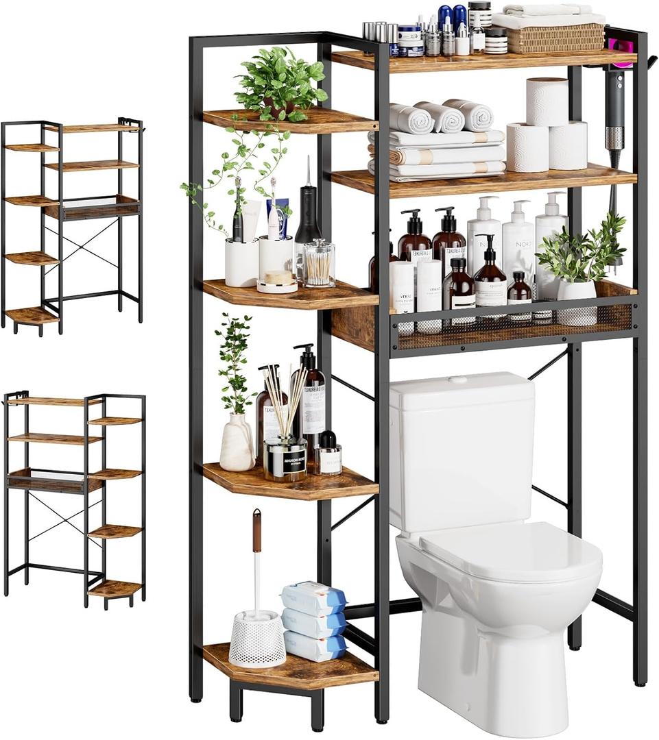 K1 Heavy Duty 7-Tier Over The Toilet StorageWith Basket and Paper HookFreestanding Above Toilet Shelf with Adjustable FeetSpace Saver Bathroom Shelves 9.3"D x 33.5"W x 63.8"HRustic Brown
