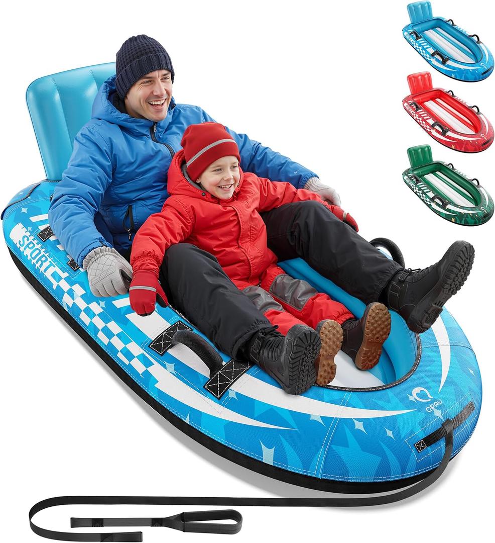QPAU 2-Person Inflatable Snow Sled with Premium Canvas Cover, Heavy Duty Sled with Backrest & Reinforced Handles, Snow Tubes for Kids & Adults, Winter Inflatable Toys